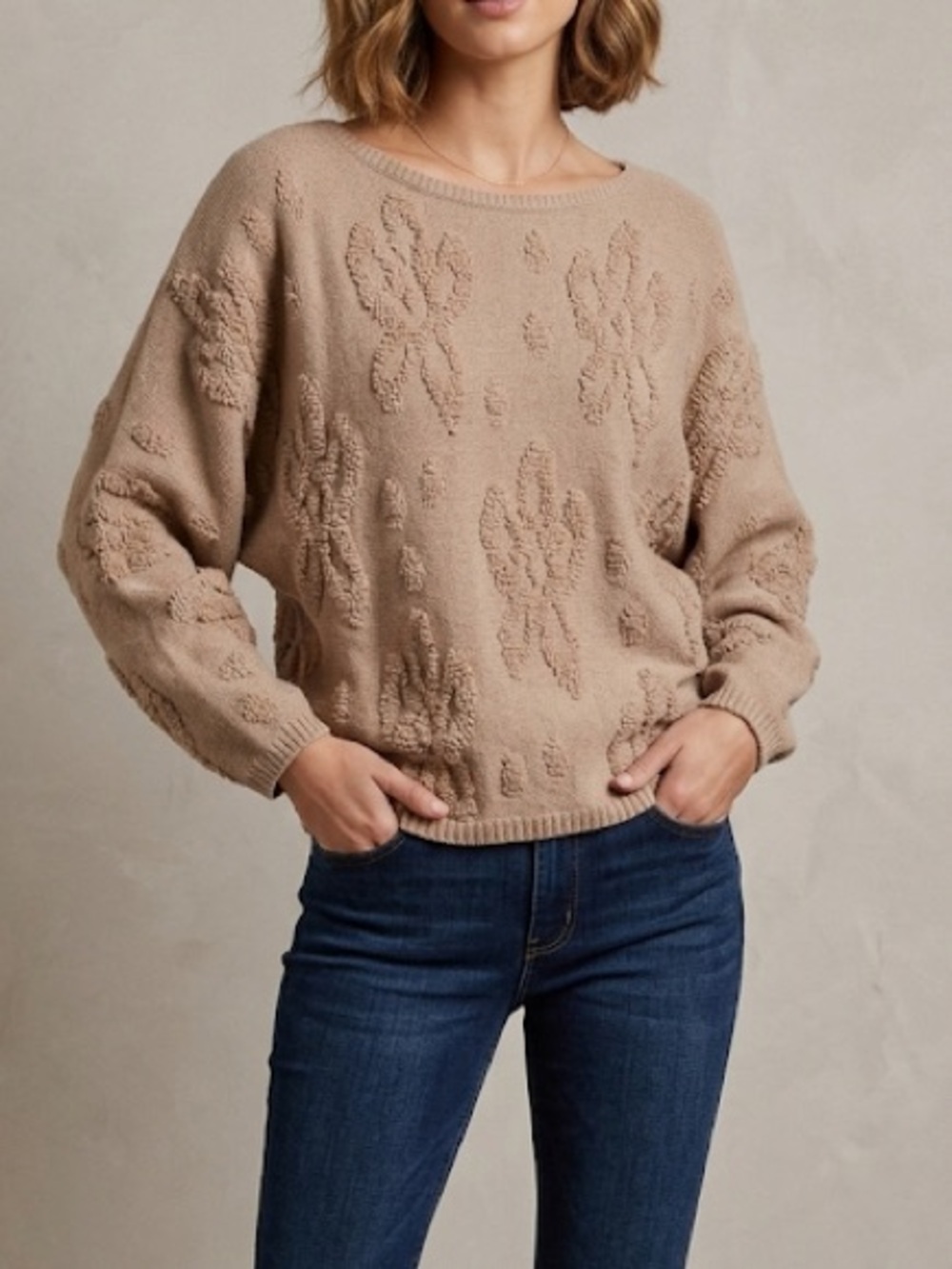 Venini Knit Sweater Floral Boucle Texture Size Small Beige Tan